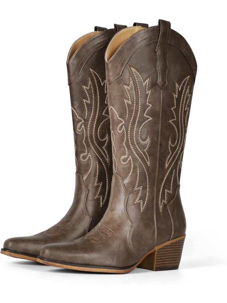 Women’s Ebony Slip-On Western Cowboy Mid-Calf Snip Toe Chunky Heel Low Instep